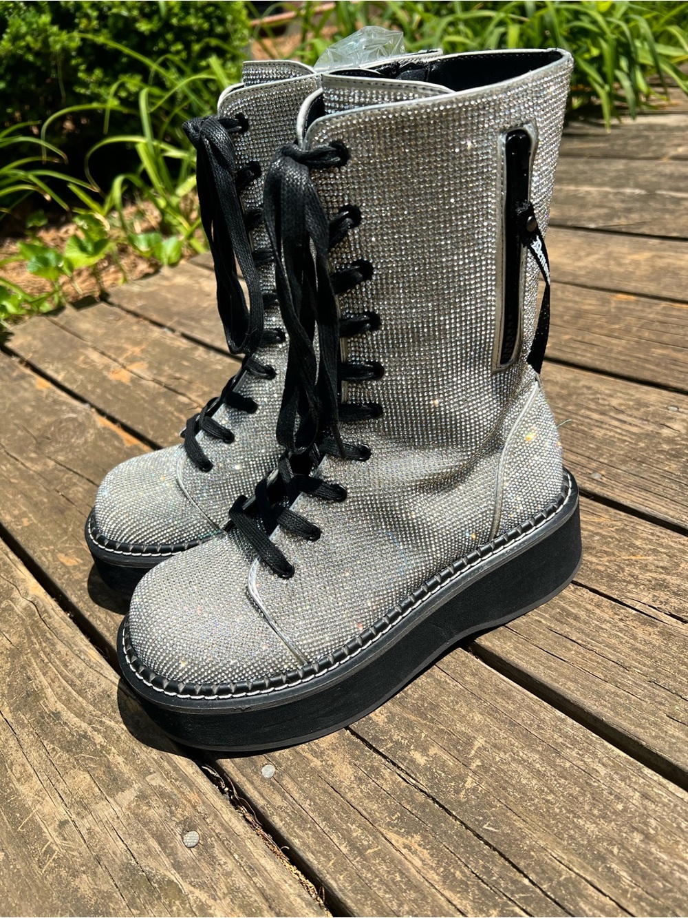 Demonia Silver Glitter Combat Boots